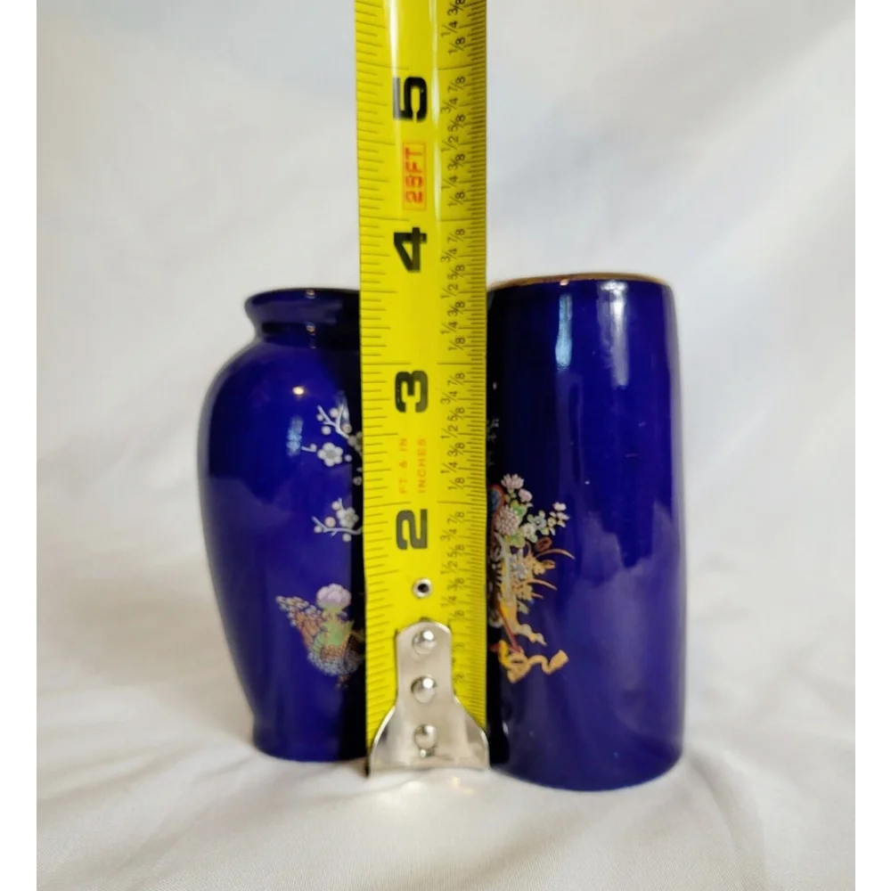 2 Vintage Miyako Mini Vases Cobalt Blue W/ Gold‎ Accents Floral & Peacock